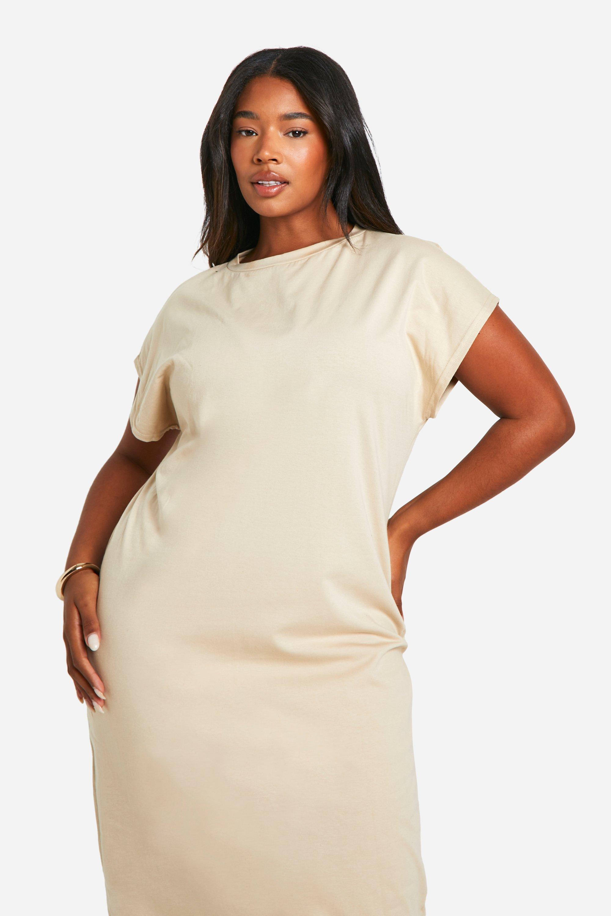 Grande taille Robe mi longue en coton a manches capees